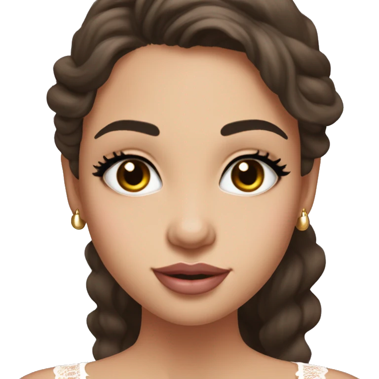 fair-skinned girl with black, slim shaped eyes and long lashes. long, dark brown hair styled in a wavy blowout. wearing a delicate white lace tank top and a dainty gold necklace, plump light pink lips. emoji