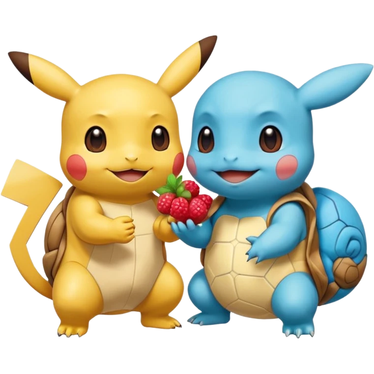 Pikachu has a light to share, but Squirtle has none. Pikachu sees this is unfair, so he shares the berries with Squirtle. They smile and eat together. Show this as a cute Pokémon emoji scene about justice and fairness.

 emoji