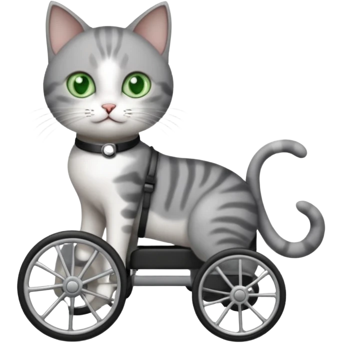 full body small short hair dark grey and white cat with green eyes walking in a wheelchair for cats emoji