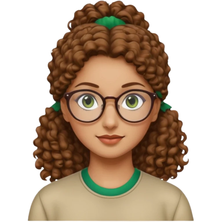 iranian woman, tight curly light brown hair in pony tail, glasses, green eyes, pretty, oval shape face emoji