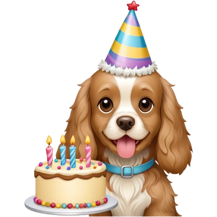 Fawn colored cocker spaniel holding a birthday cake emoji