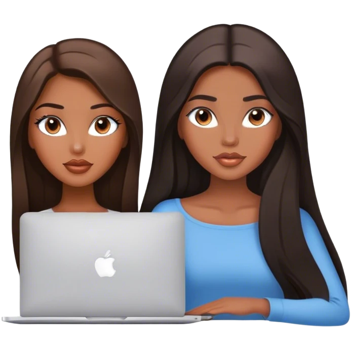 Glamours tanned very beautiful girl with pump natural peach lips and dark chocolate straight smooth long hair, blue-grey eyes with MacBook emoji