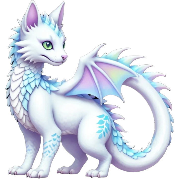 Kawaii white pastel iridescent beautiful pretty elegant divine edgy fantasy feline-vernid-sergal-Haku-dragon-fursona animal creature with a tufted tail full body with intricate markings  emoji