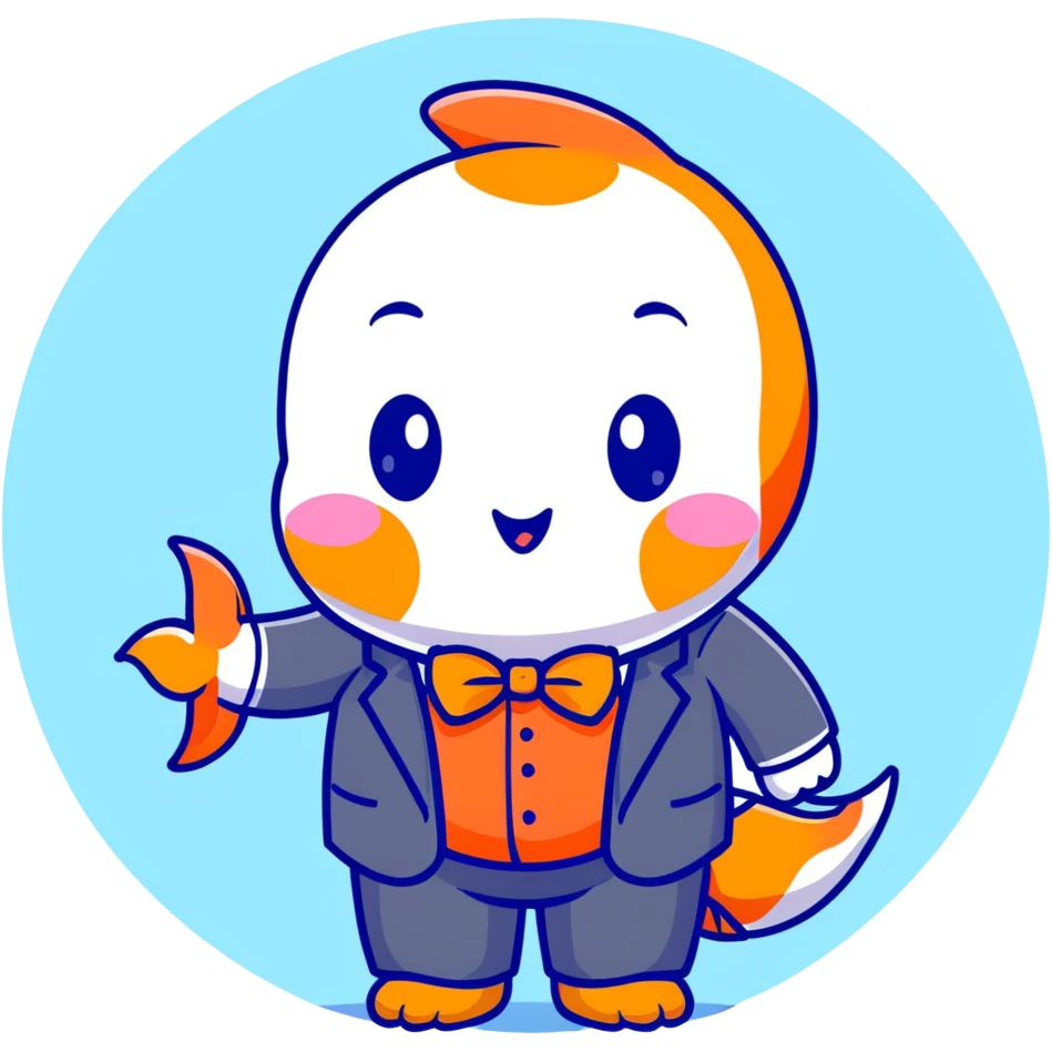 A super kawaii koi fish character with enormous cute eyes, blushing cheeks, bubbly playful expression, orange and white patterns, wearing a tiny business suit with bowtie emoji