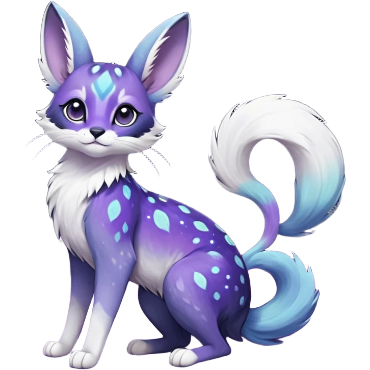 Colorful black-violet-indigo-purple-gradients nebulae nebula starry galactical shiny white-stars-spotted glorious iridescent divine exotic cute cool beautiful realistic Meloetta-caracal-civet-sergal-bunny-oncilla-animal-Fakémon-hybrid-fursona (full body) emoji