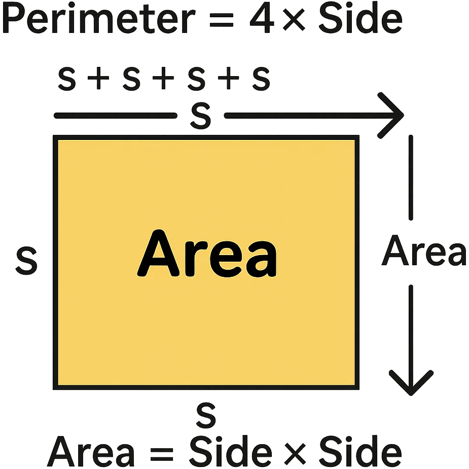 Add text labels: Perimeter = 4 × Side, Area = Side × Side. Place the labels near the square and colored area, suitable for grade 4. Keep the background transparent. emoji