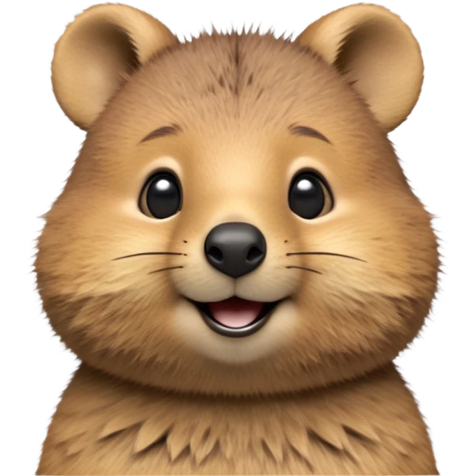 cinematic-realistic quokka-emoji,-small-round-frame, head tilted in an endearing manner, comical smile, round cheeks, giant-fluffy-cheeks-large-smile-fluffy-brown-fur-radiating-a-warm-softness,-big-round-eyes-filled-with-joy, realisticround  fluffy zoomed in, large black eyes emoji