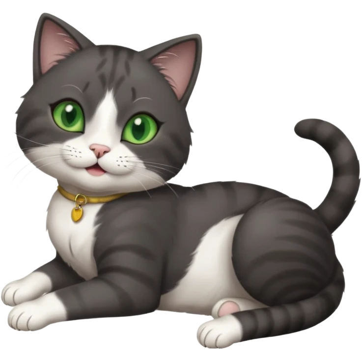 beautiful female solid dark grey cat with green eyes, white toes/paws and white patch on her chest playfully rolling upside down emoji