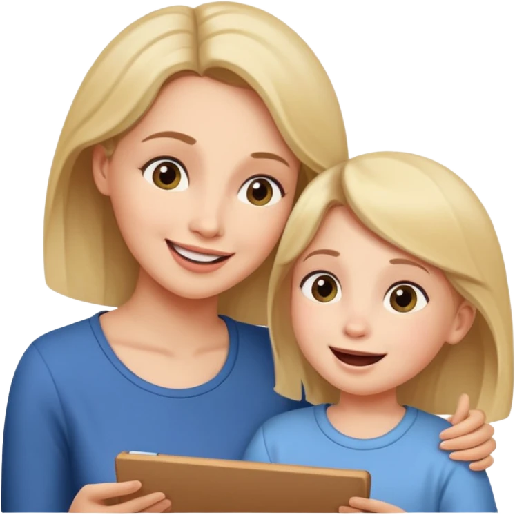 pleasanty surprised mother with child showing drawing emoji