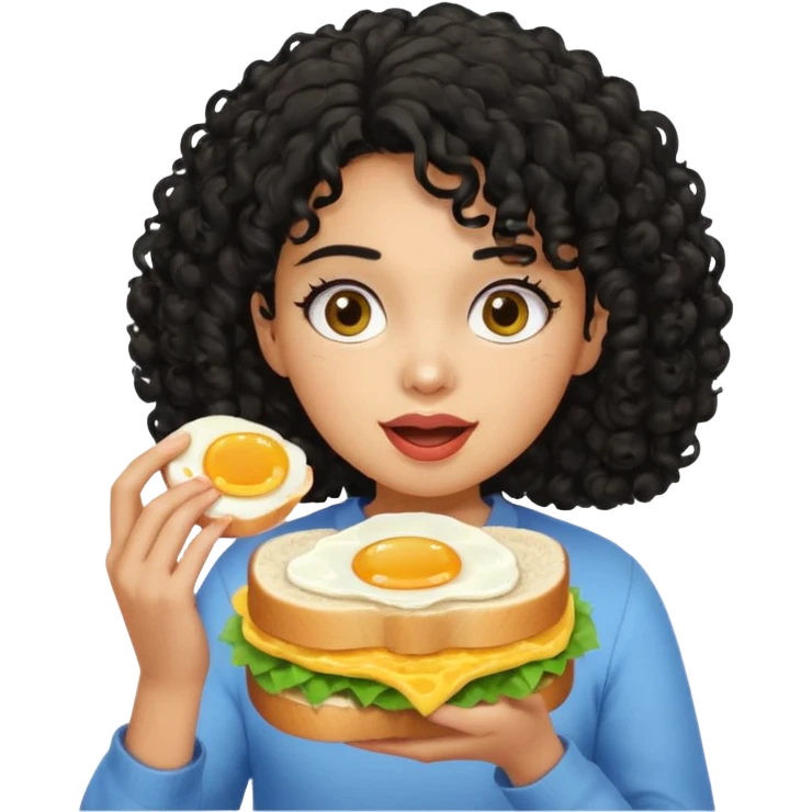 Girl with black curly hair eating egg sandwich emoji