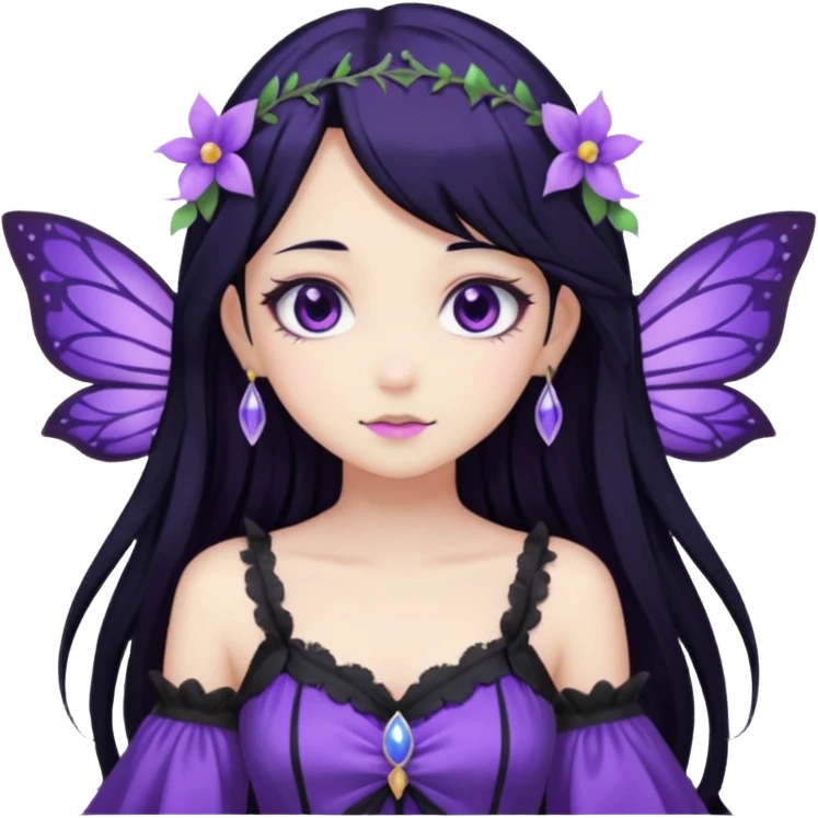Gothic anime fairy with long beautiful black hair and purple dress, pastelcore, emoji