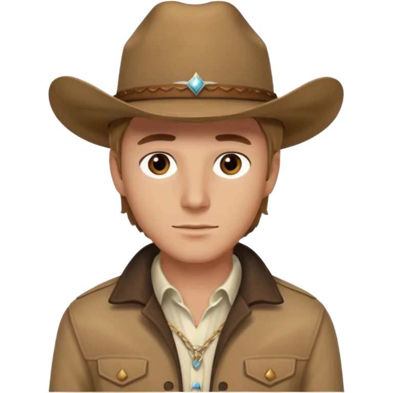 Ennis Del Mar (Male) from Brokeback Mountain with brown eyes, dark blonde hair, ivory shirt, brown jacket and cowboy hat emoji