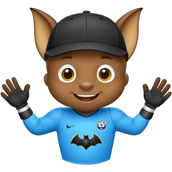 Cheeky little bat mascot for FC Rostov football club, wearing black goalkeeper cap like Lev Yashin, in yellow and blue team colors, mischievous expression, cute bat with big smile emoji