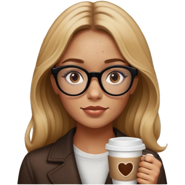 genera una ragazza bionda scura con lentiggini e occhali neri spesso a Londra con in mano un caffè  emoji
