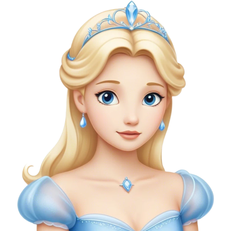 Cinematic Timeless Cinderella Portrait Emoji, rendered in a realistic, simplified vector style. Depict a classic Cinderella with delicate fair skin, beautifully styled blonde hair, and a calm, content expression, dressed in her iconic gown. The design is highlighted by a soft glowing outline and gentle, enchanting luminosity, capturing the essence of pure fairy-tale elegance. emoji