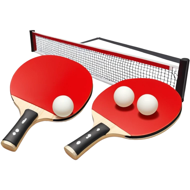 Two table tennis paddles and a ball placed on a ping pong table, with the net in the background. The scene conveys the simplicity and focus of the sport, with vibrant colors highlighting the rackets and ball on the smooth surface of the table. emoji