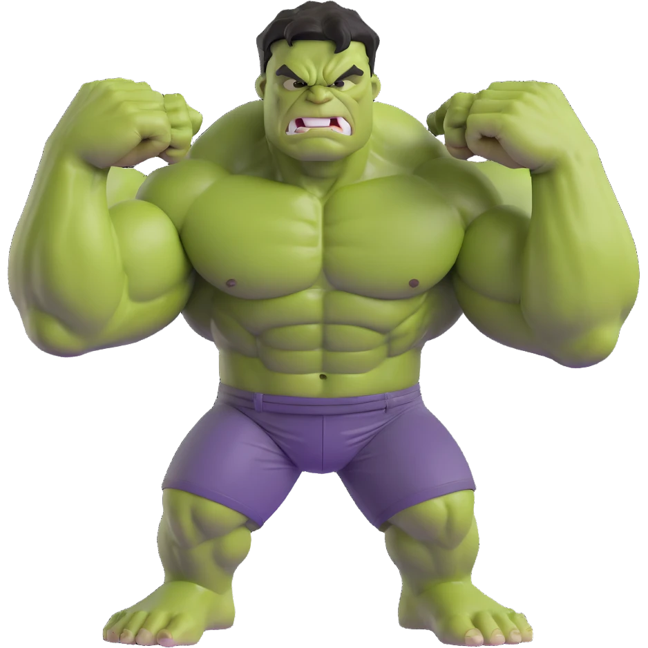 3D emoji style Hulk, flexing muscles, fierce face emoji