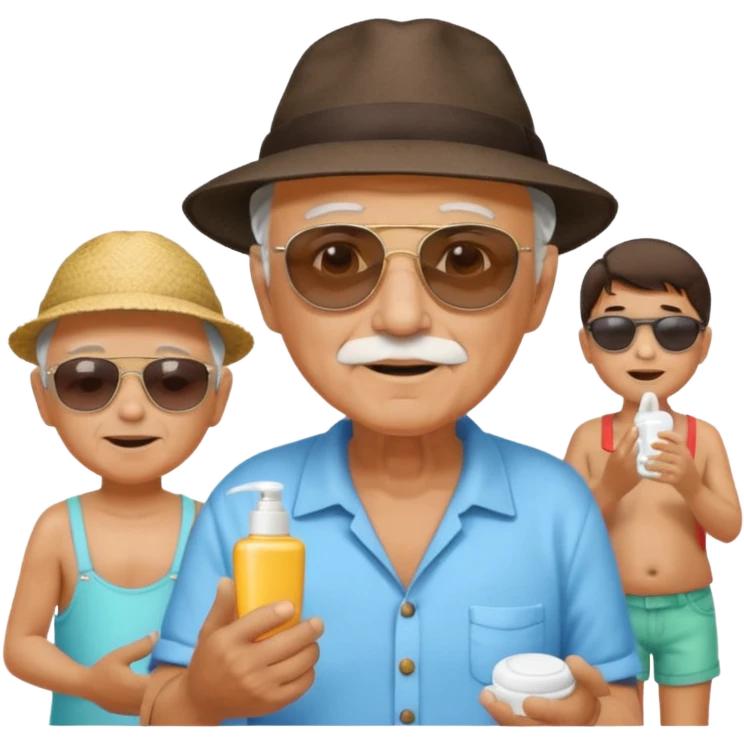 Old man on island with lotion and kids emoji
