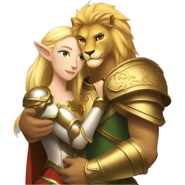 A lion leonin with golden armor hugging a female blonde elf  emoji