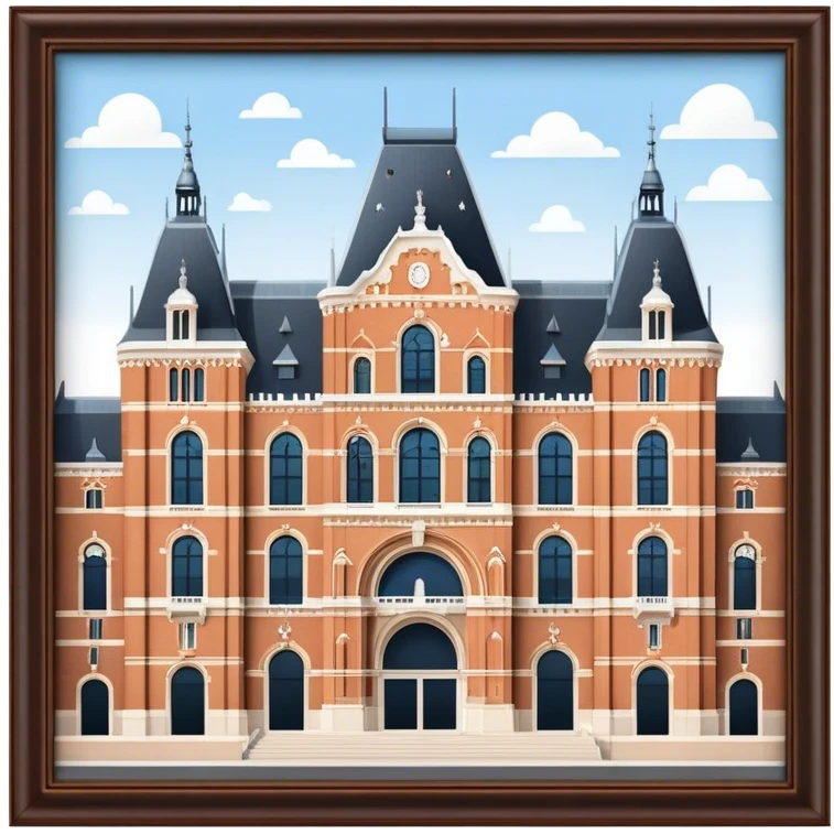Cinematic Realistic Rijksmuseum Landmark Emoji, depicted with the grand facade of the museum rendered in intricate detail and soft, historical lighting. emoji