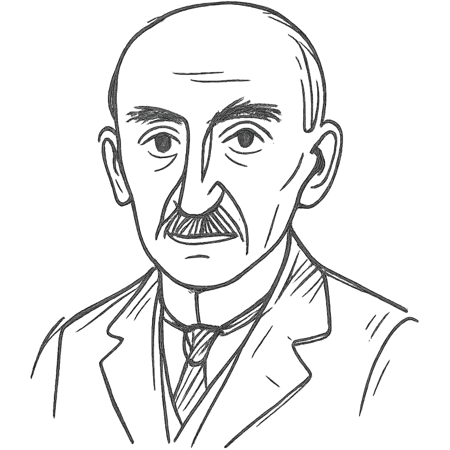 a hand drawn black outline portrait of philosopher Henri Bergson with similar-sized eyes based a famous photograph of him emoji