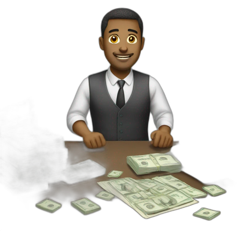 white man whith money working on desk emoji