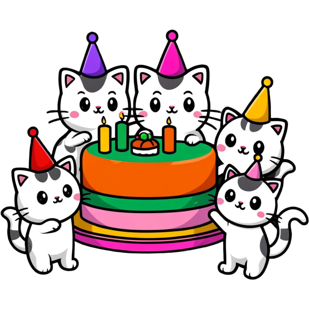 six happy cats wearing colorful party hats celebrating a birthday party around a festive cake made entirely of sushi with candles emoji
