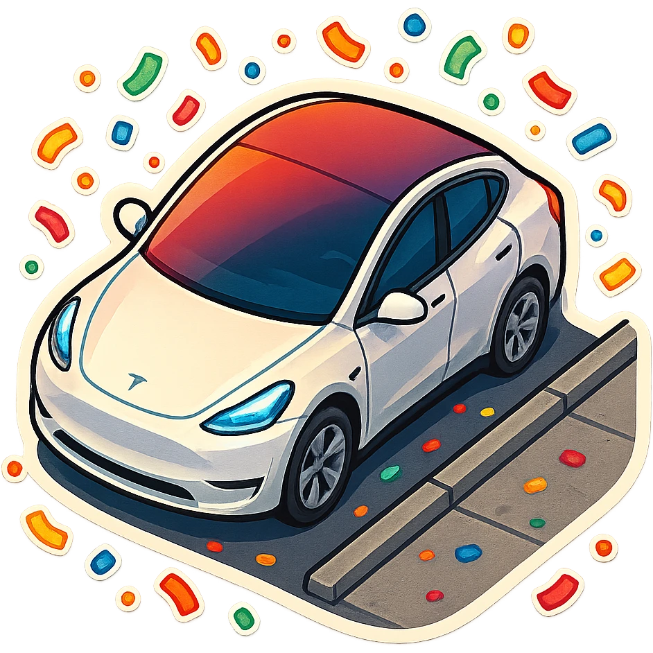 A Tesla Model Y parallel parking at a curb, from above, with confetti emoji
