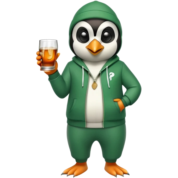 full body friendly anthropomorphised penguin wearing green mafia-style tracksuit, angry confident scheming stance, holding glass of whiskey emoji