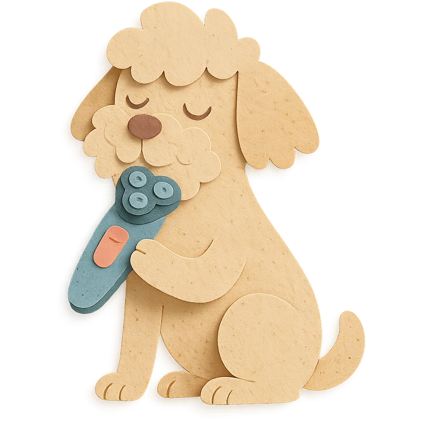 soft pastel electric shaver dog brushing its fuzzy face, creamy beige tones, full-body emoji