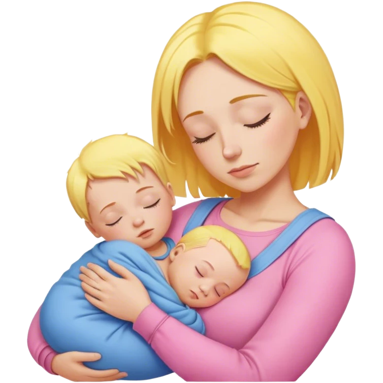 Mother holding baby, mother with yellow hair and pink clothes, baby in blue clothes is sleeping emoji