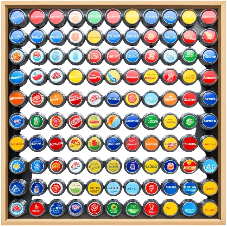 Icon for Bottle Cap Collecting (Capsophilia): a collection of colorful and unique bottle caps from various drinks, neatly arranged in a display case or on a table. The icon should emphasize the variety and charm of collecting bottle caps. Transparent background. emoji