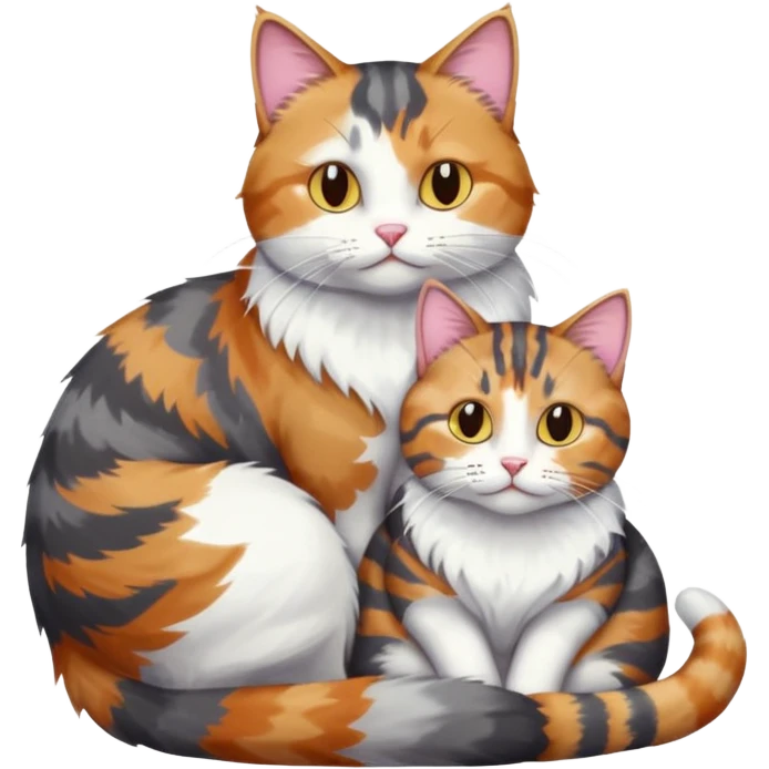 full body colourful light patched calico + white tabby cat cuddling a bigger cat that is dark grey and white tabby cat  and they are in love emoji