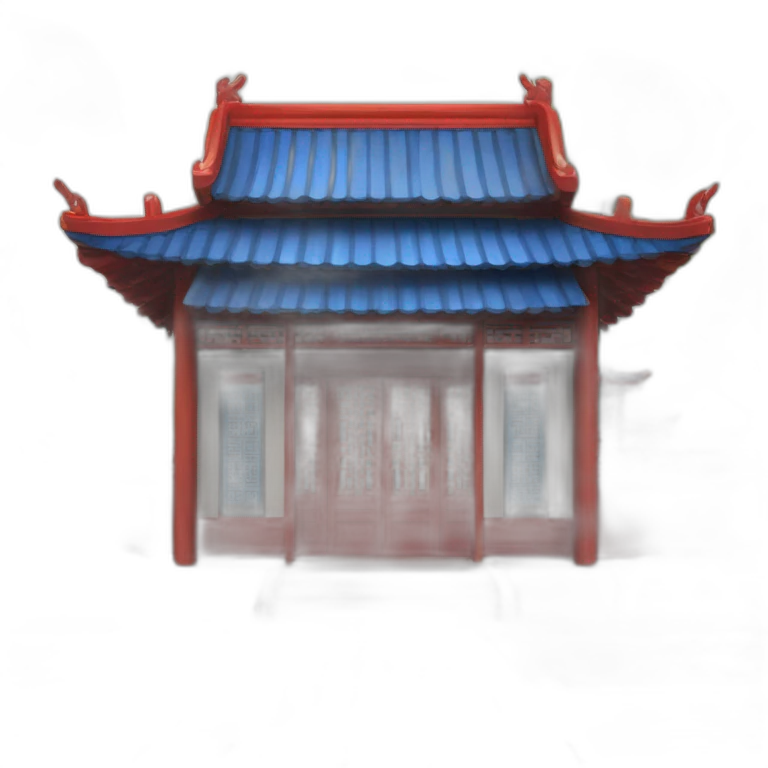 the front facade of a single-story Chinese-style building with a blue roof and red wooden structures emoji