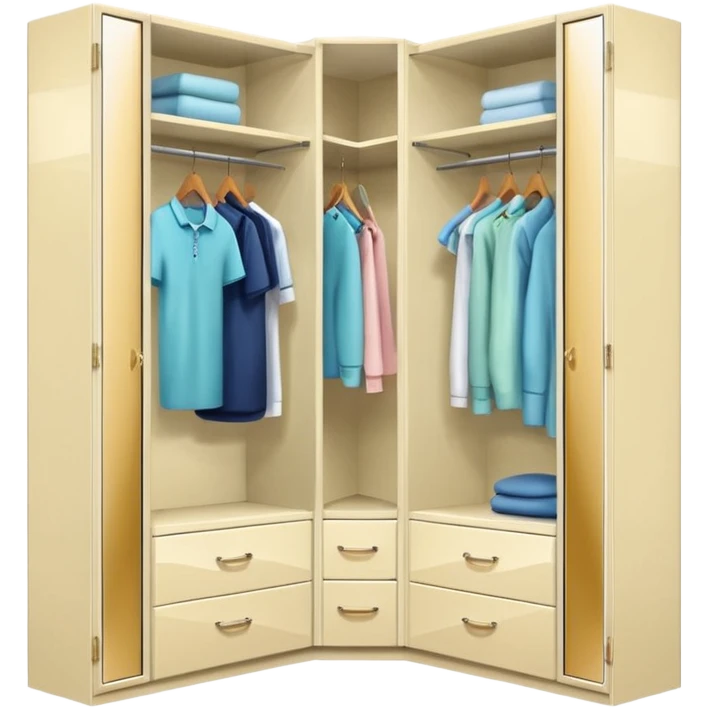 Glossy cream PVC corner closet with L-shaped design, fitted into emoji