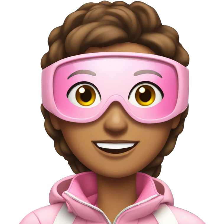 brunette girl in a light pink ski suit skiing at a ski resort. She is smiling, surrounded by snowy slopes and pine trees, with mountains in the background under a clear blue sky emoji