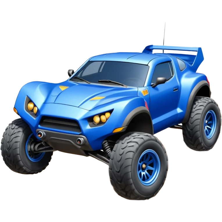 Satan’s (post race) ultra blue wide body Dirty and dented Local Motors Rally Fighter off road race car hot rod flying turning a tight corner (silver wheels) emoji