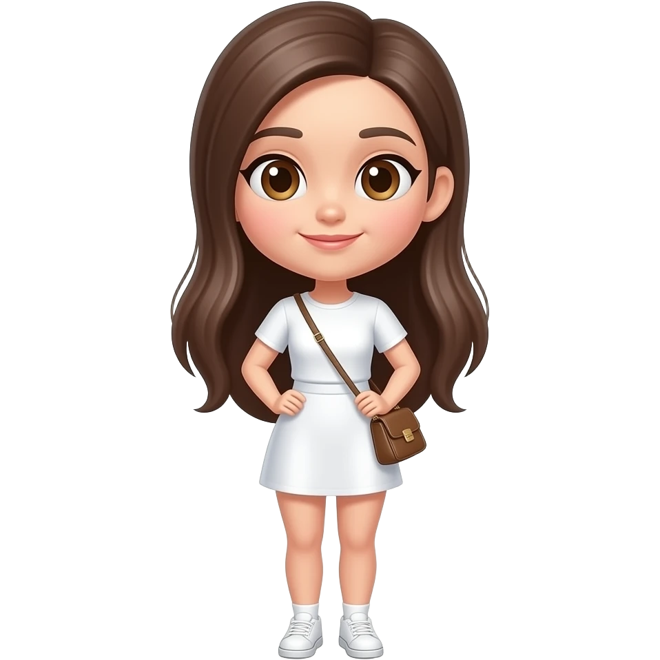 Pretty teenage girl emoji, full body, long hair laid on the back, girly white outfit, carrying a small bag, slim with natural proportions like a real girl, realistic style, confident diva vibe, bright colors, minimal background, not weird lookin emoji