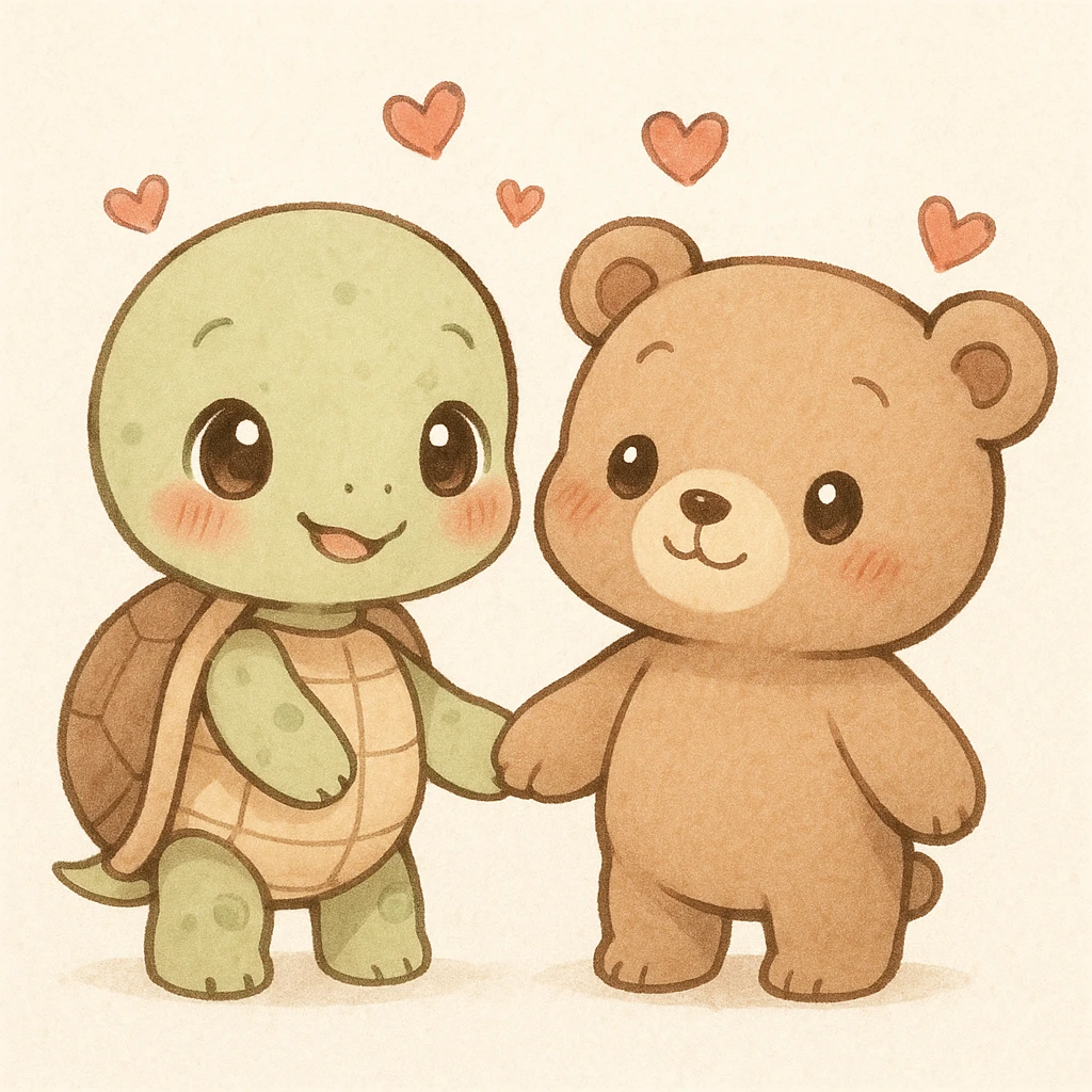 cute anime turtle and bear holding hands with hearts, detailed, soft colors emoji