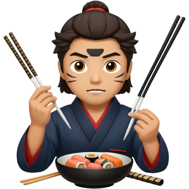 Man with wide eyes eating sushi in a samurai outfit wide eyes emoji