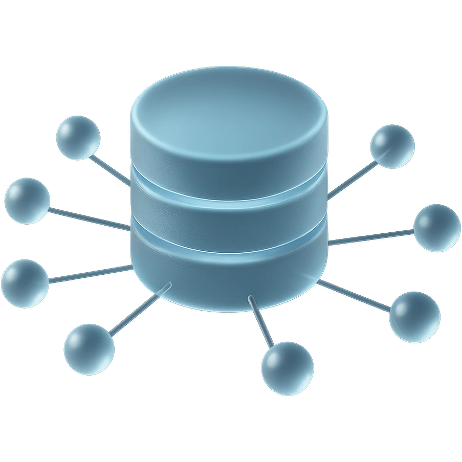 matte glass database cylinder connected to multiple network nodes, futuristic and efficient, modern look emoji