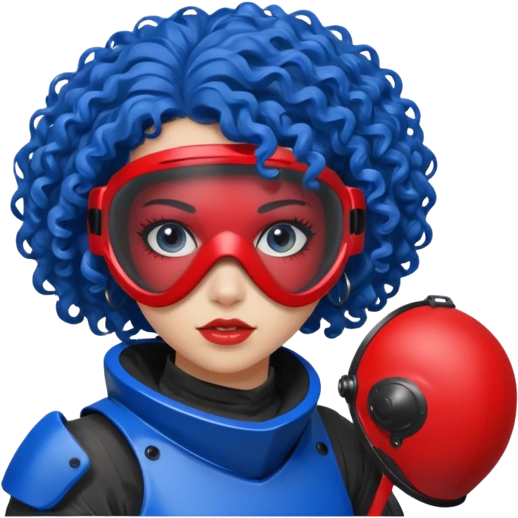 blue curly girl with huge earrings playing paintball with red paintball helmet with eye protection, only face  emoji