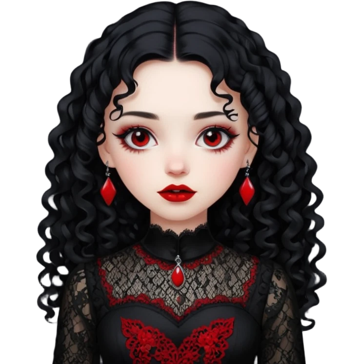 A girl with a red goth vampire look in a black and red goth lace dress with long sleeves and long black curly hair bold look on her face emoji