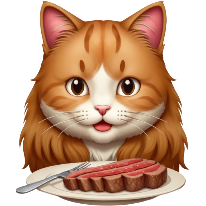 Long haired kitty eating steak emoji