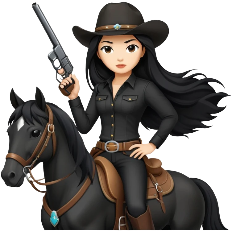 confident Asian woman with long black hair wearing black outfit riding a horse cowgirl style with a pistol emoji
