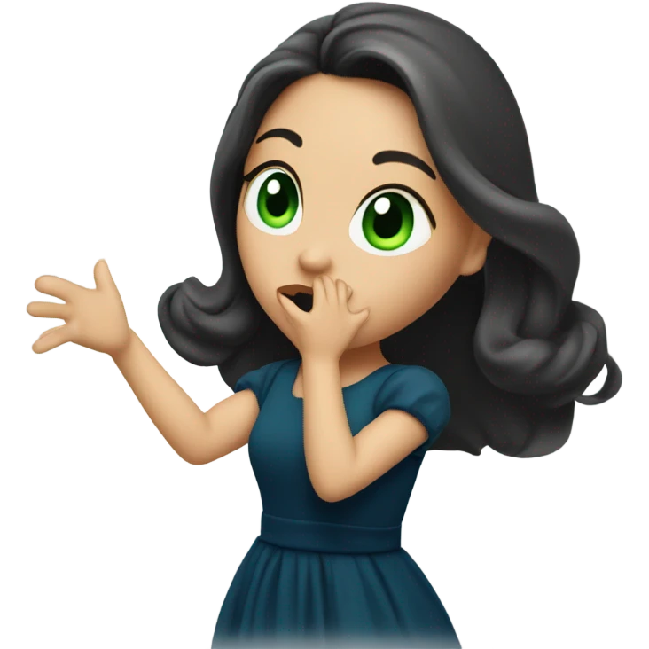 a brunette with long hair and green eyes and in a dark blue dress sends an air kiss emoji