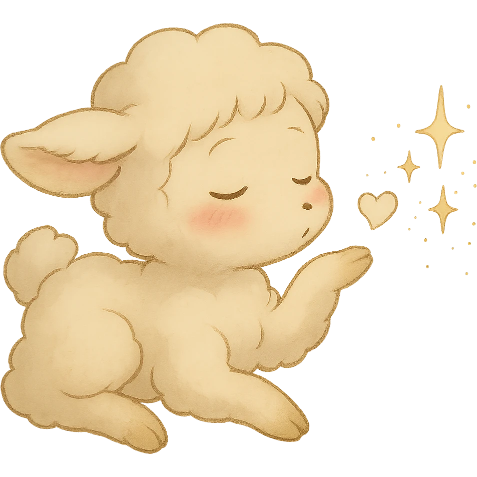 Make the vanilla-colored cloud doe appear to be sleeping, with rosy cheeks, blowing a kiss with sparkles, soft Ghibli style, with no background. emoji