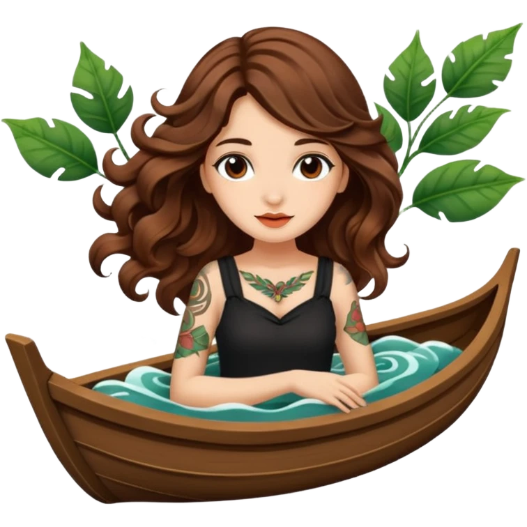 cute woman long wavy brown hair tattoos floating on leaf boat emoji