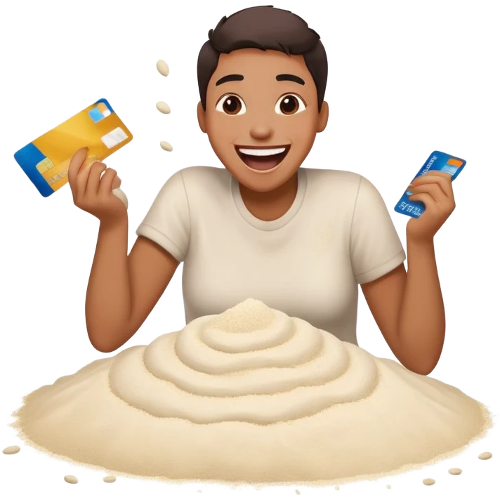 hysterically happy emoji with credit card in hand and a pile of flour emoji