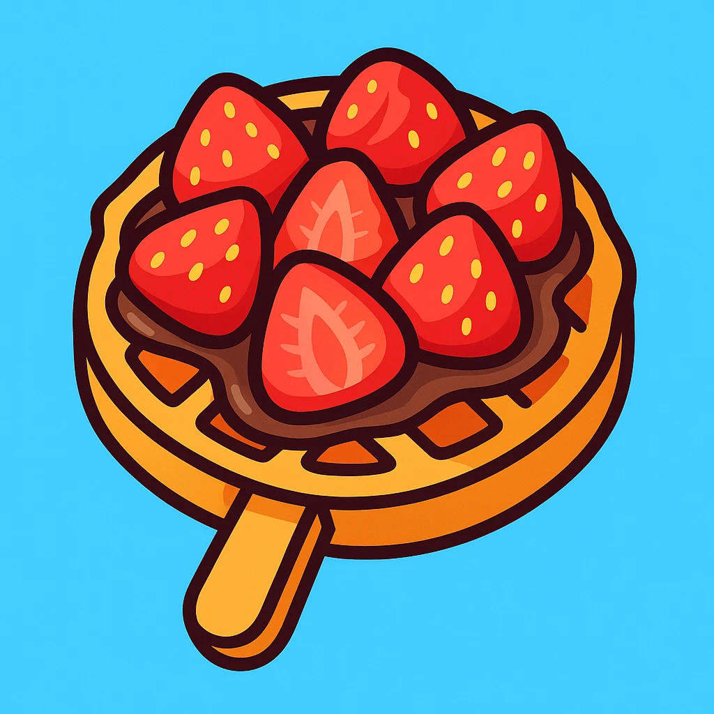 Transform the waffle on a stick with chocolate and strawberries into a vibrant and playful cartoon 3D effect with a soft 3D look and bold outlines, emphasizing bright colors and a fun style. emoji